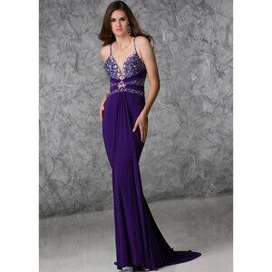 Xcite Beaded Stretch Grad Prom Dress 32325 Purple